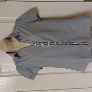 ANN TAYLOR LOFT Cotton Ruffle Button Down Blouse Size 12 Blue Puffed Sleeve